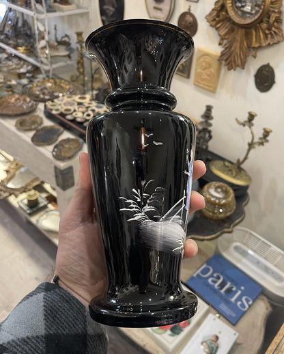 Rare Antique French Black Glass Hand Painted Enameled Vase Mary Gregory c1900