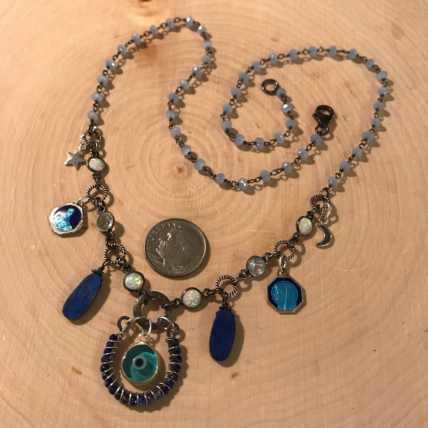 Third Eye protection necklace is made with lapis, opals, blue topaz, blue chalcedony, antique French enamel medals