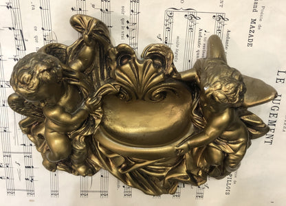 Rare Antique Italian Carved Plaster Gold Paint Angel Holy Water Font c1920