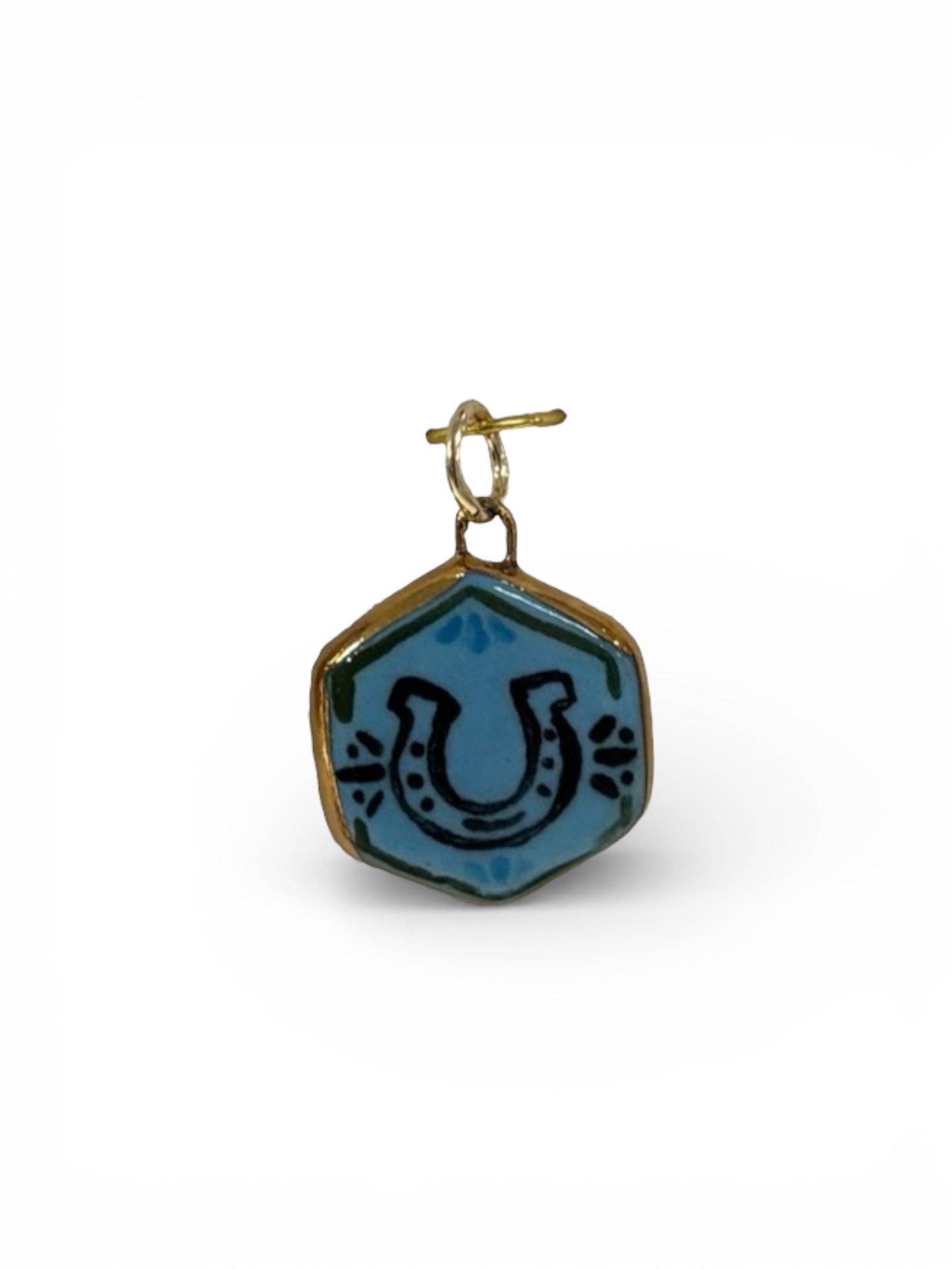 Cowboy Horseshoe Hexagon Colored Charm: Baby Blue / Gold Luster