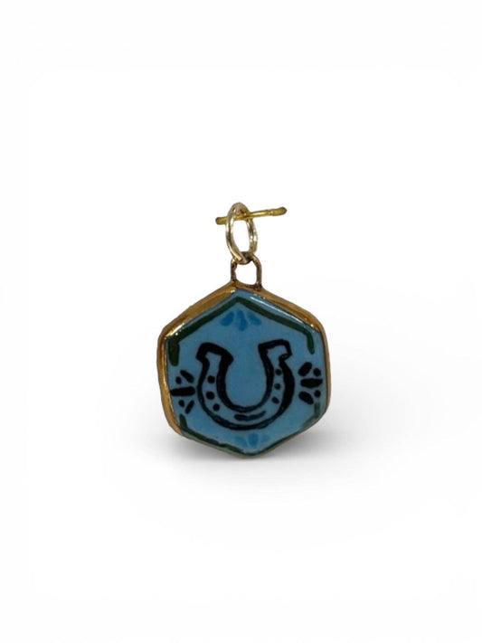 Cowboy Horseshoe Hexagon Colored Charm: Baby Blue / Gold Luster