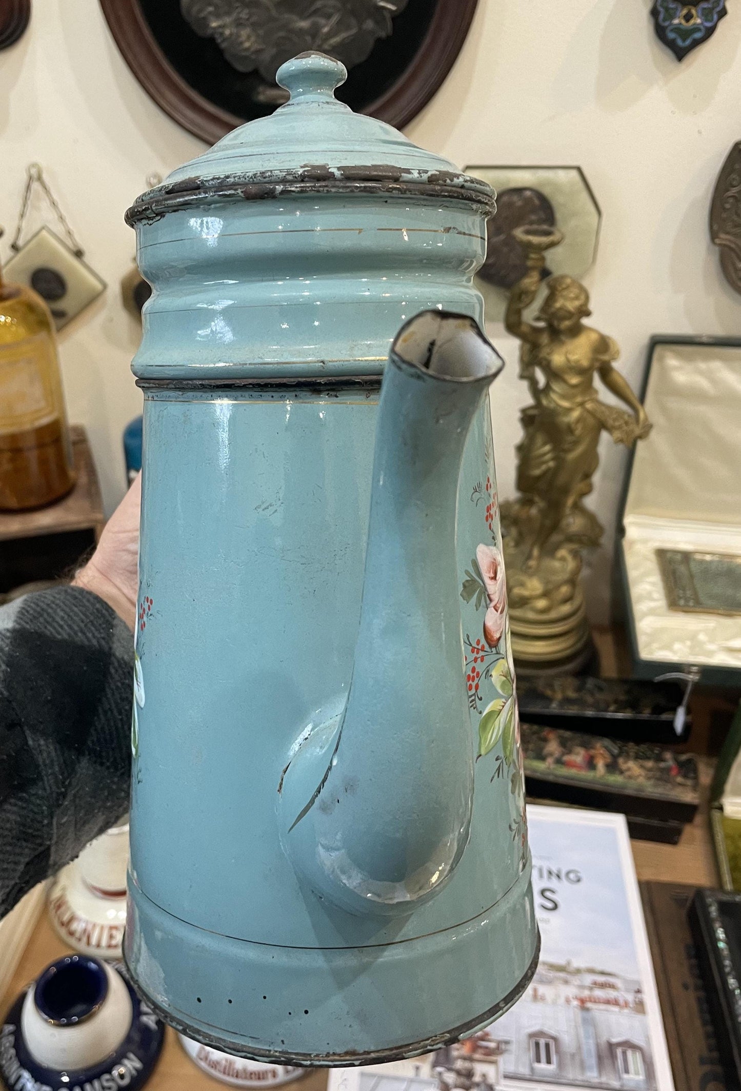 Rare Antique French Enamelware Coffee Pot Palette Flowers c1920