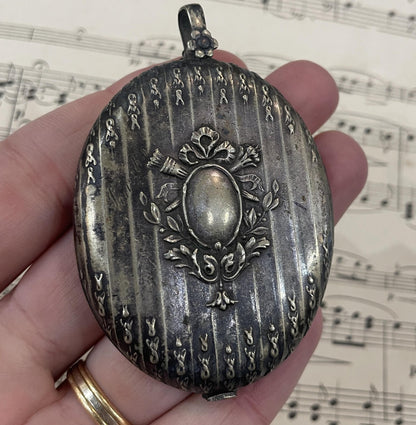 Large Antique French Art Nouveau Silver Plated Sliding Mirror Pendant c1900