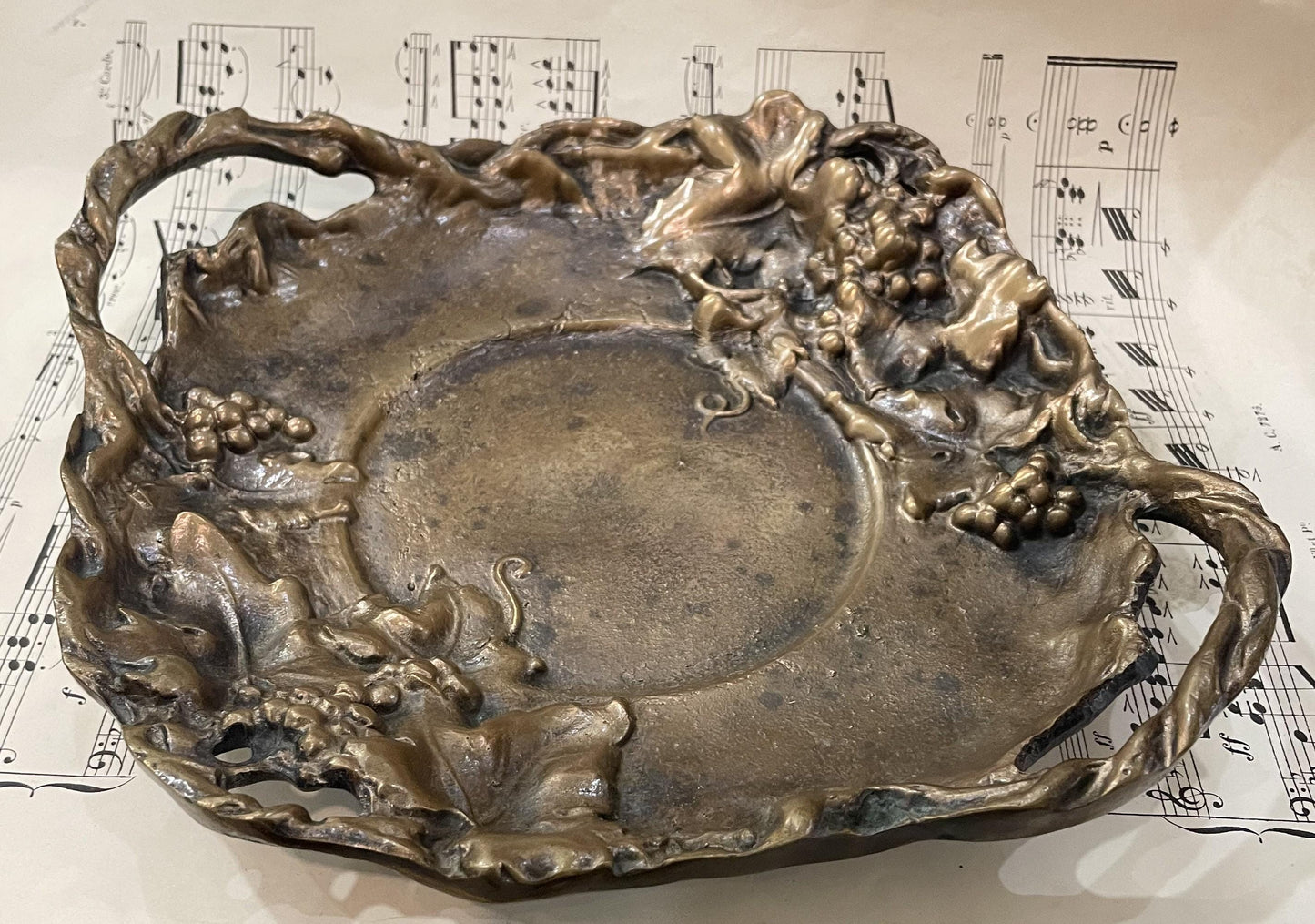 Large Antique French Art Nouveau Bronze Tray with Grapes Vines Signed Dommartin c1920