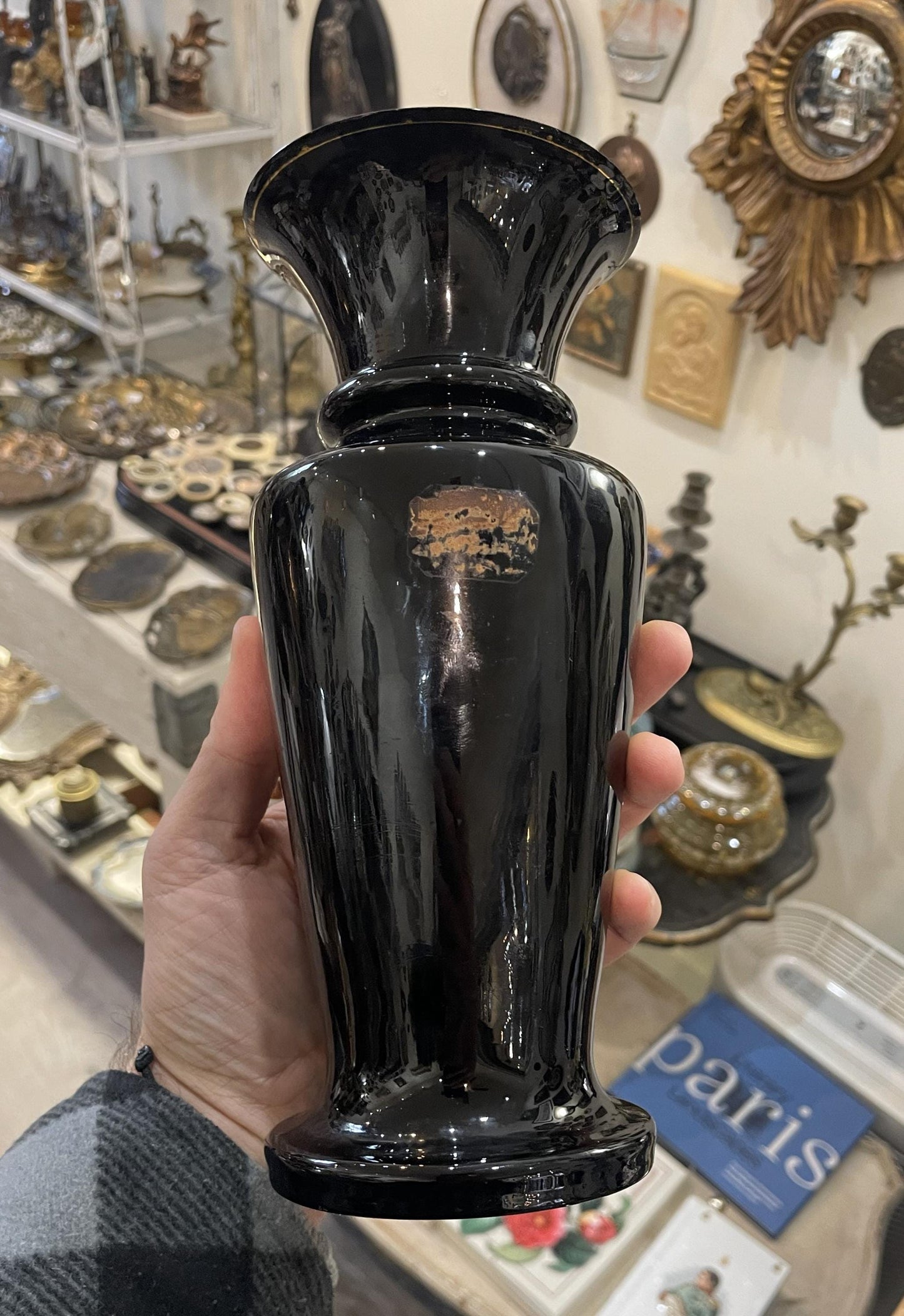 Rare Antique French Black Glass Hand Painted Enameled Vase Mary Gregory c1900