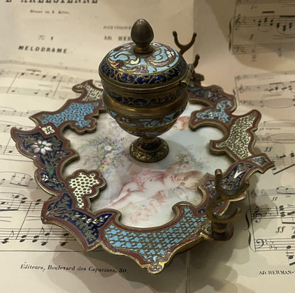 Rare Antique French Champleve Enamel Bronze Hand Painted Angels Ink Well Inkwell c1880