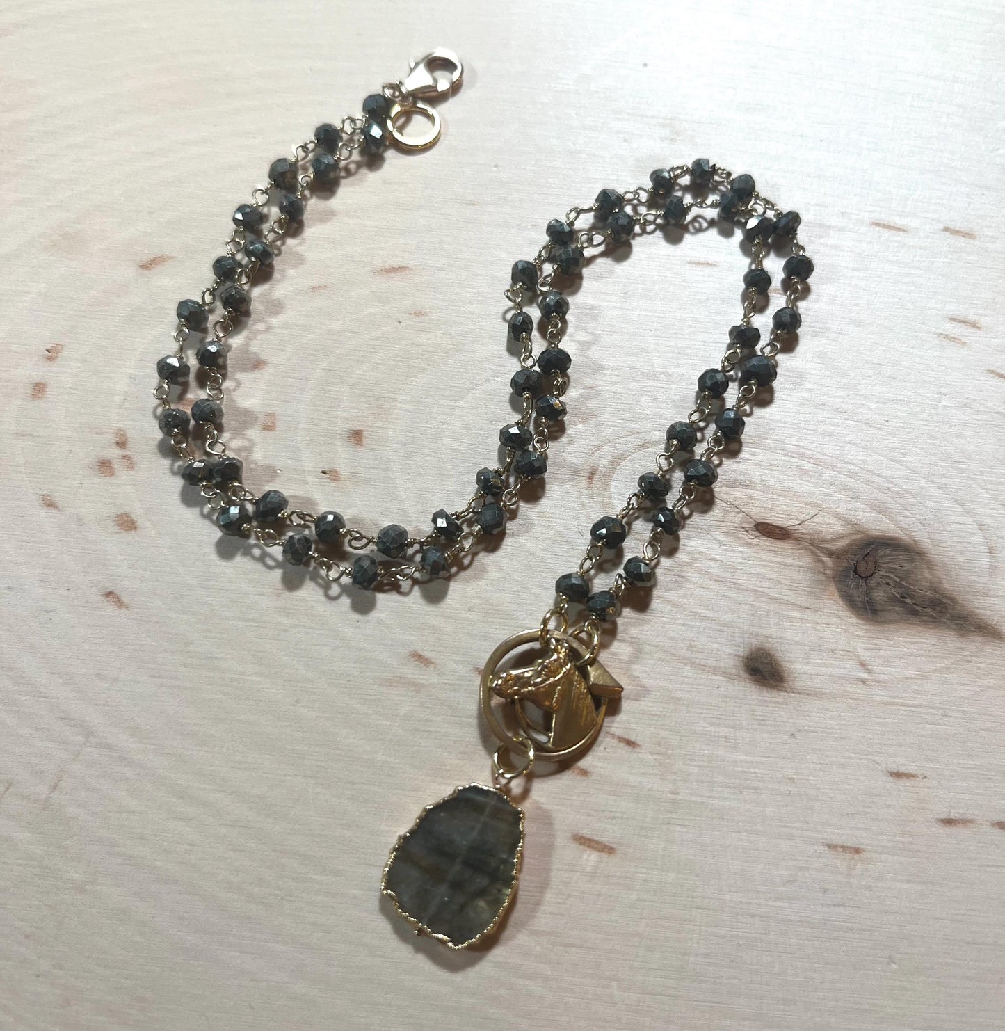 Antique French goldfilled horse pendant with pyrite and labradorite