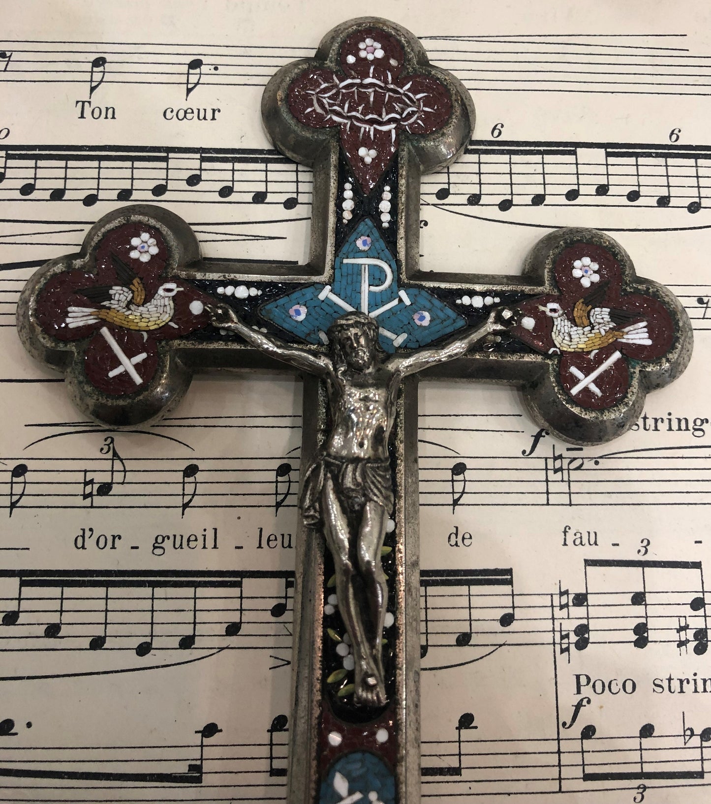 Antique Italian Micromosaic Micro Mosaic Crucifix Cross Birds Crown Thornes Stand c1900
