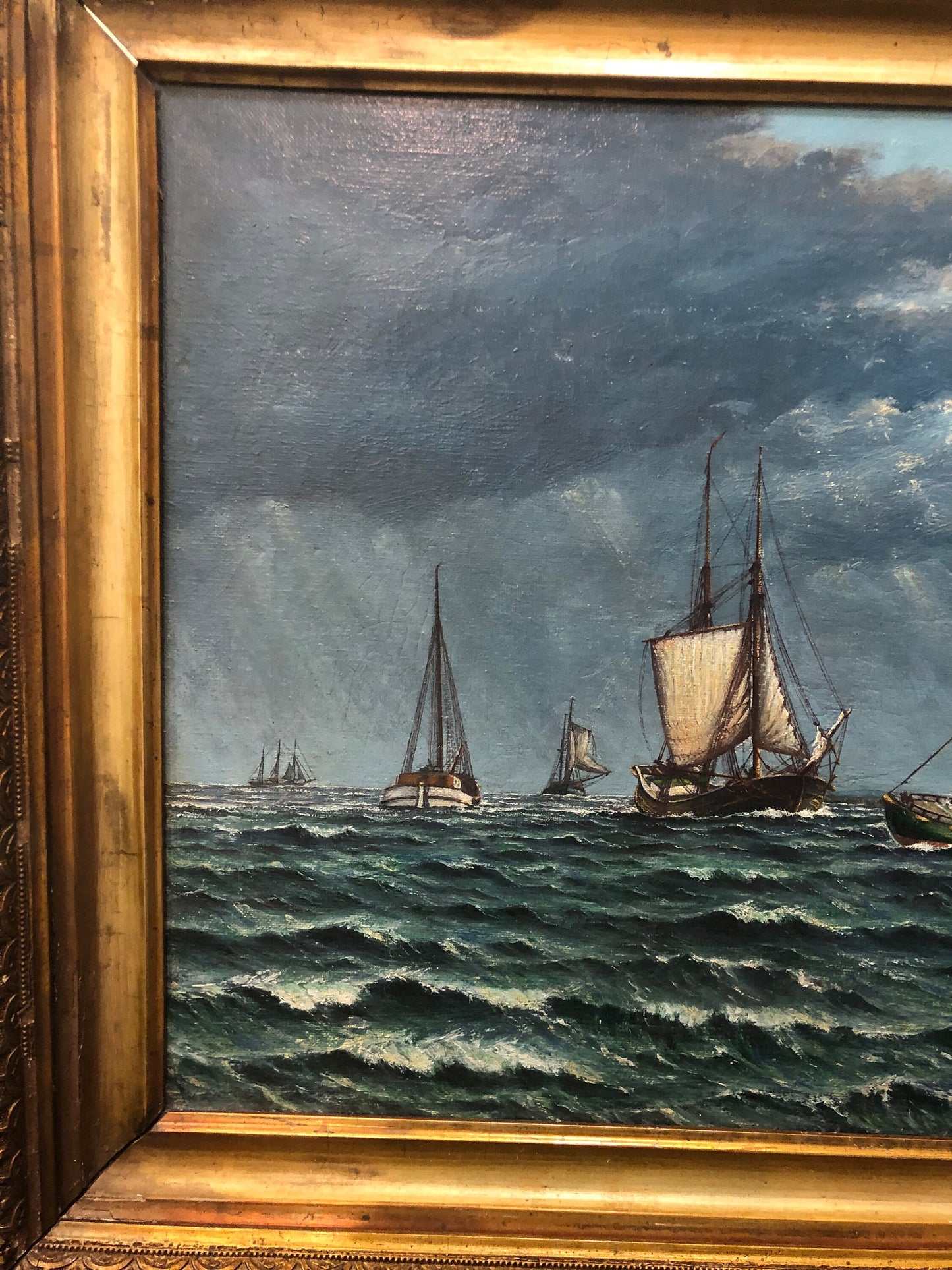 Antique Dutch Netherlands Oil on Canvas Marine Boats Signed J. Jensen c1931