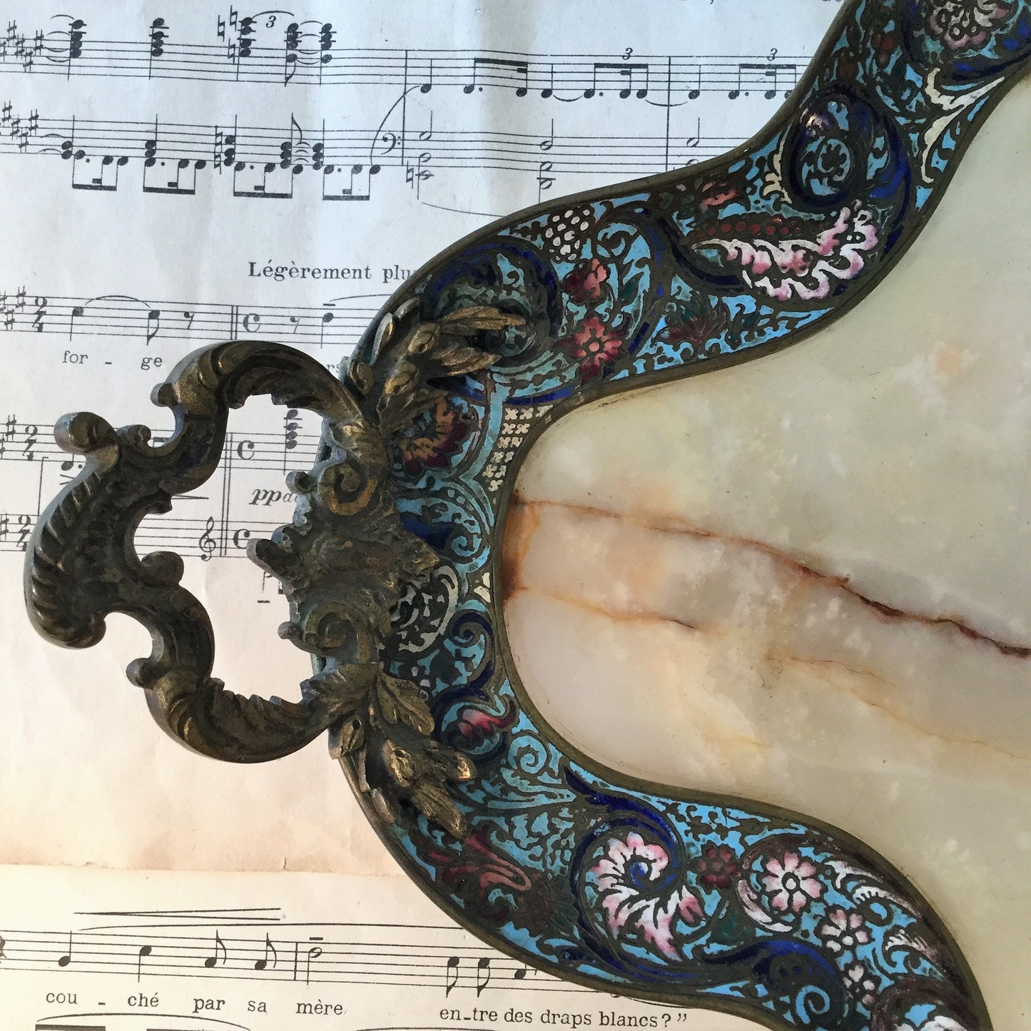 Rare Large Antique French Bronze Champleve Enamel Onyx Tray Platter Centerpiece c1880