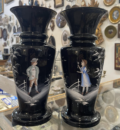 Rare Antique French Black Glass Hand Painted Enameled Vase Mary Gregory c1900