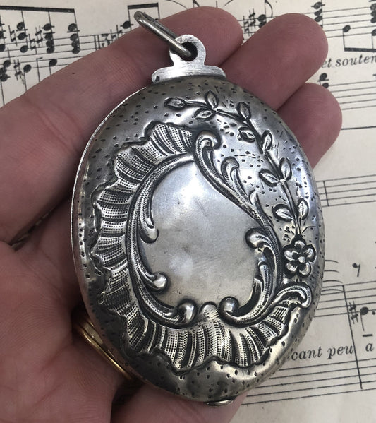 Rare Antique French Art Nouveau Sterling Silver Flower Sliding Mirror Pendant c1900