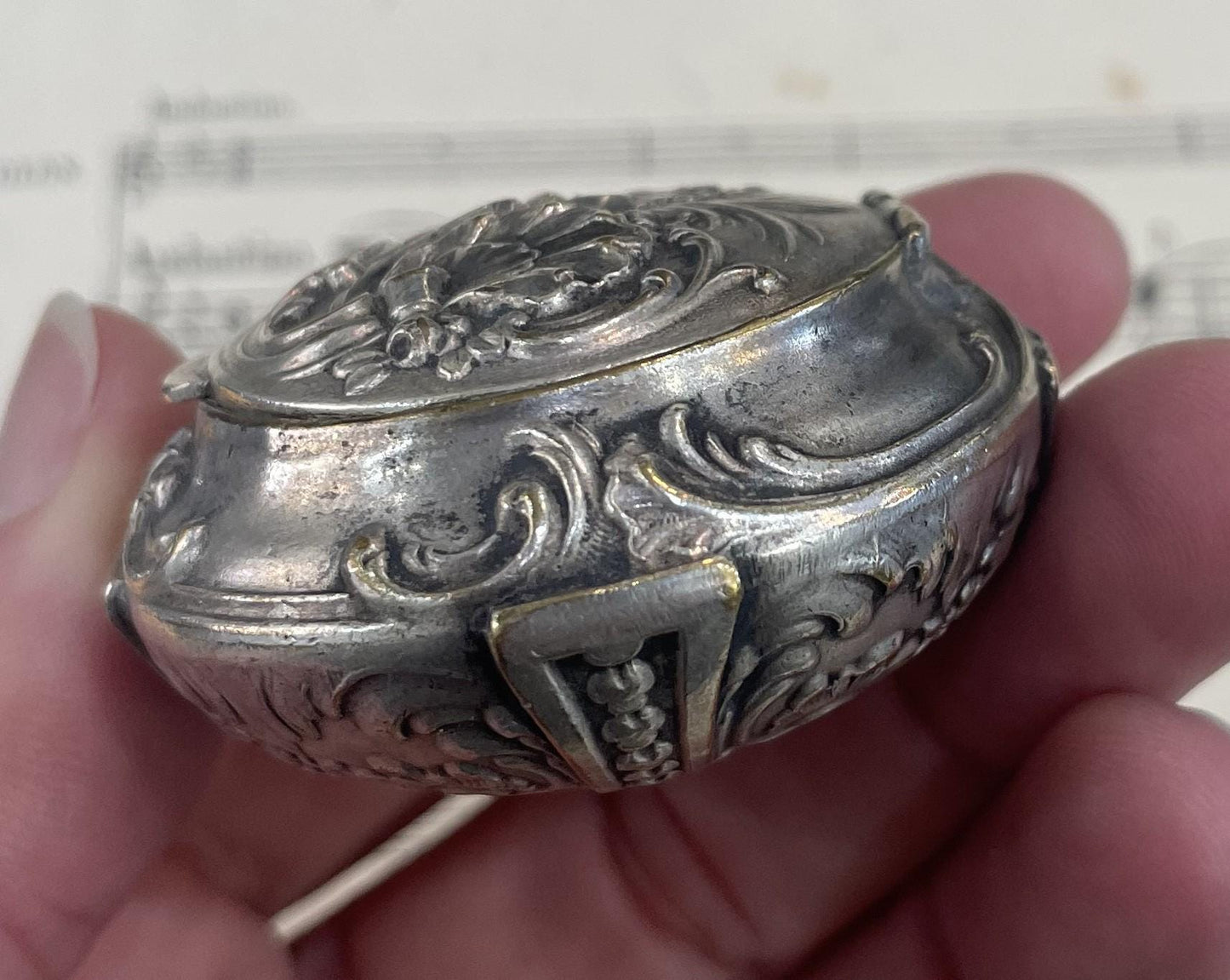 Antique French Pill Box Powder Puff with Mirror Flowers c1900