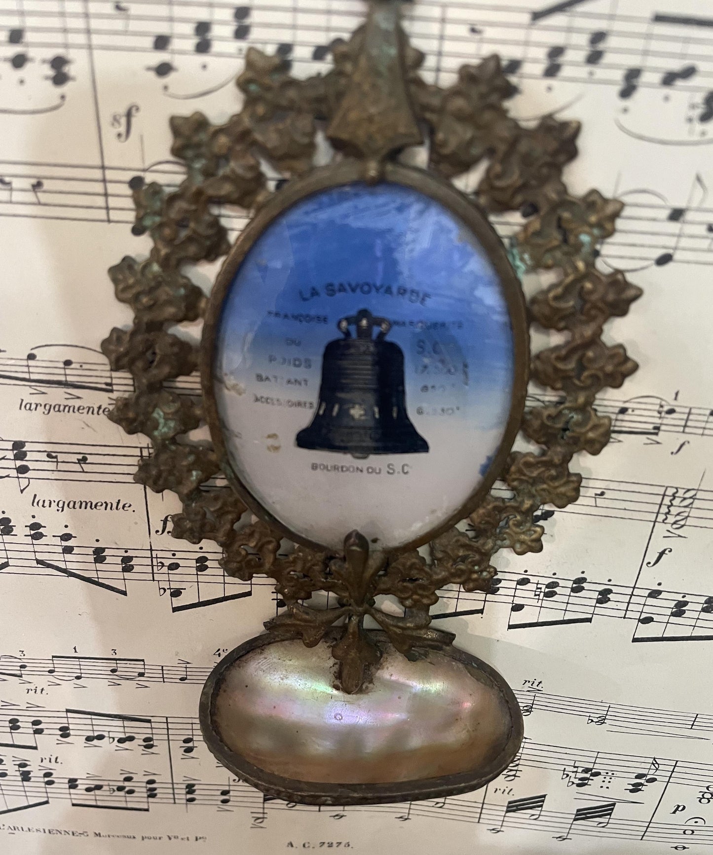 Small Antique French Sacre Coeur Montmartre Bell Holy Water Font Mother of Pearl c1920