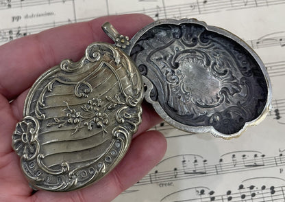 Rare Large Antique French Art Nouveau Silver Plated Sliding Mirror Pendant c1900