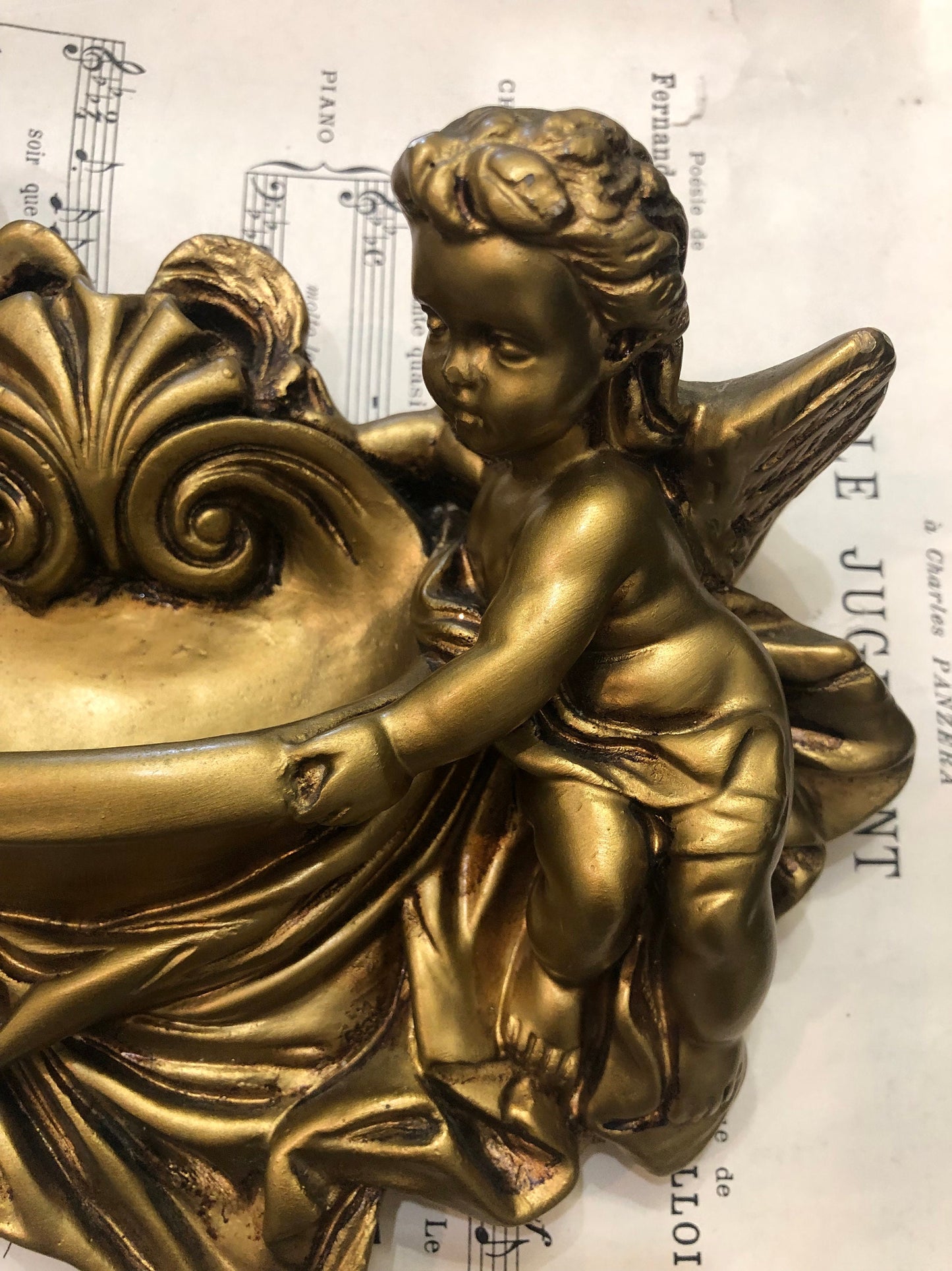 Rare Antique Italian Carved Plaster Gold Paint Angel Holy Water Font c1920