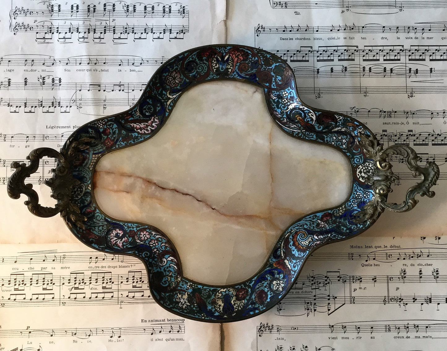 Rare Large Antique French Bronze Champleve Enamel Onyx Tray Platter Centerpiece c1880