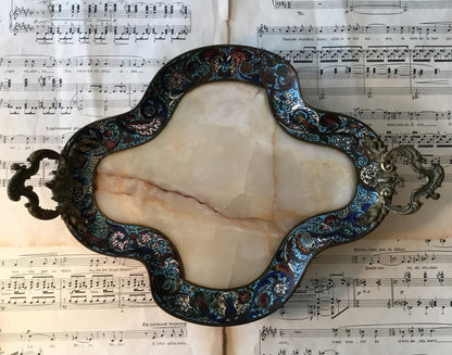 Rare Large Antique French Bronze Champleve Enamel Onyx Tray Platter Centerpiece c1880