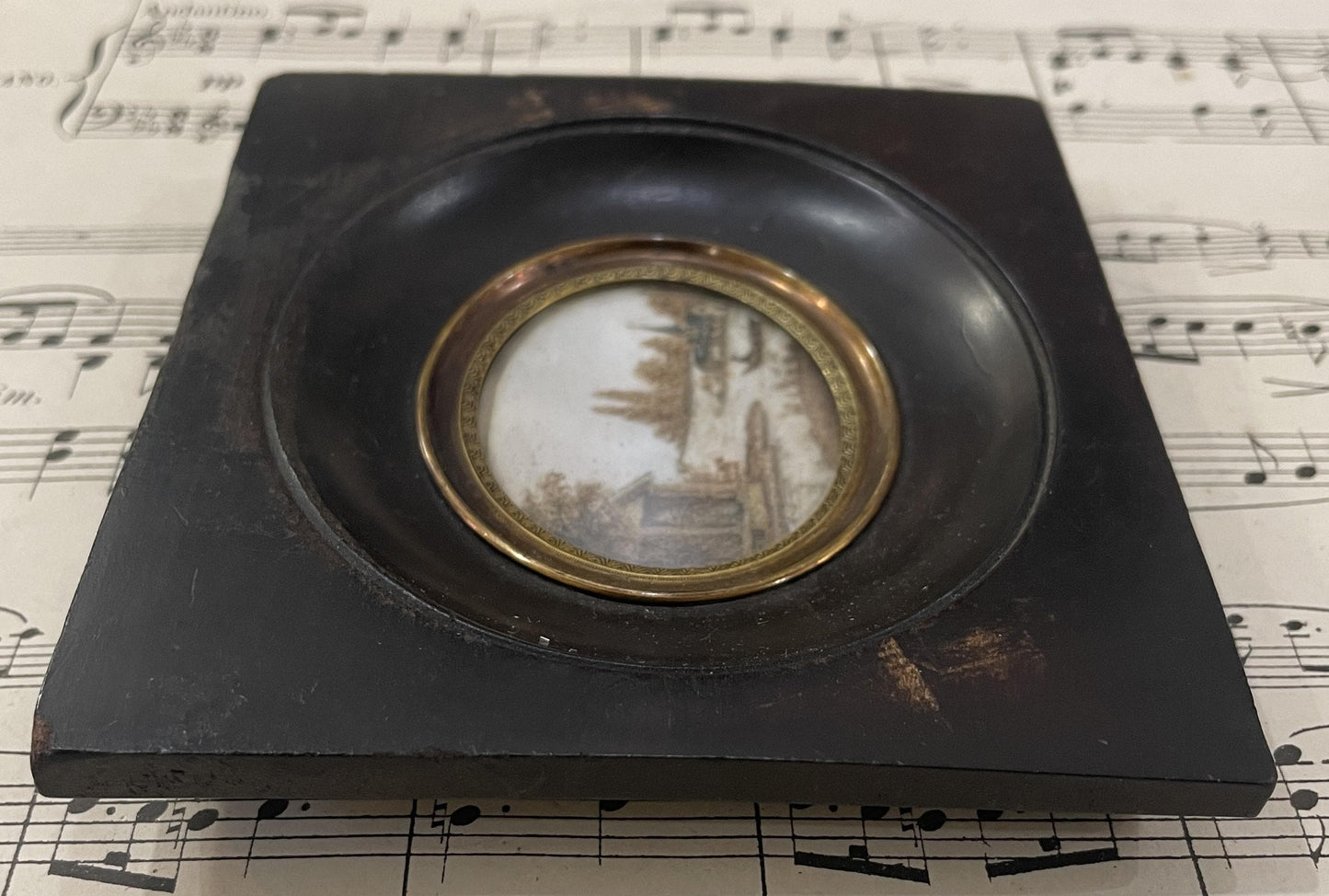 Rare Antique French Mourning Hair Art Domed Glass Wooden Frame Boat Church c1840