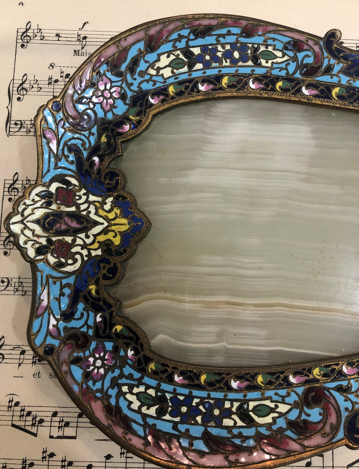 Rare Large Antique French Bronze Champleve Enamel Onyx Tray Platter Centerpiece c1880