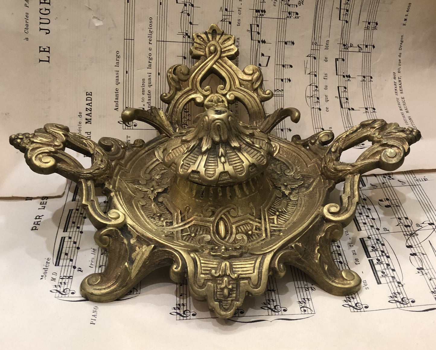 Rare Large Antique French Art Nouveau Bronze Inkwell c1900