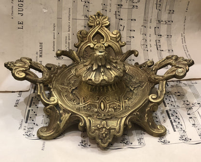 Rare Large Antique French Art Nouveau Bronze Inkwell c1900