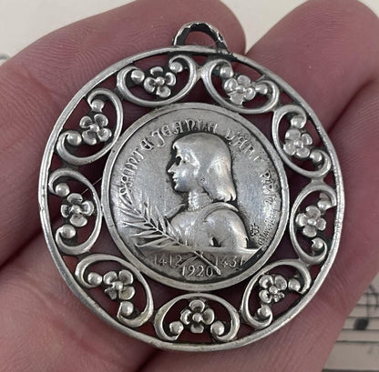 Rare Large Antique French Sterling Silver Joan of Arc Medal Signed Lavrillier c1920