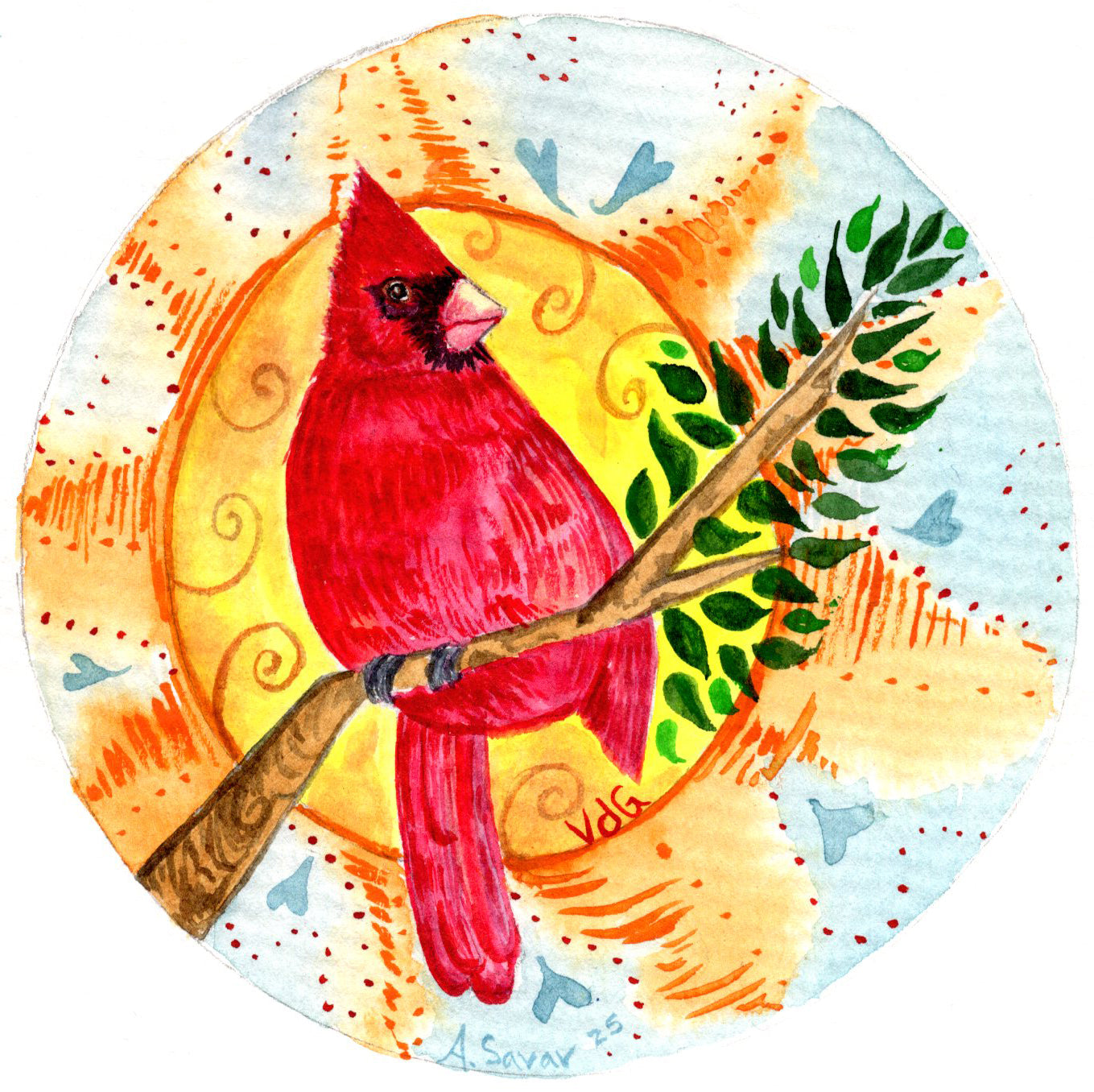 Redbird and the Sun - Original Framed Watercolor