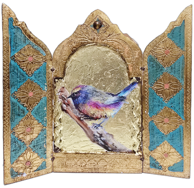 White Browed Relic - Original Oil and Gold Leaf on a vintage Florentine hinged Triptych