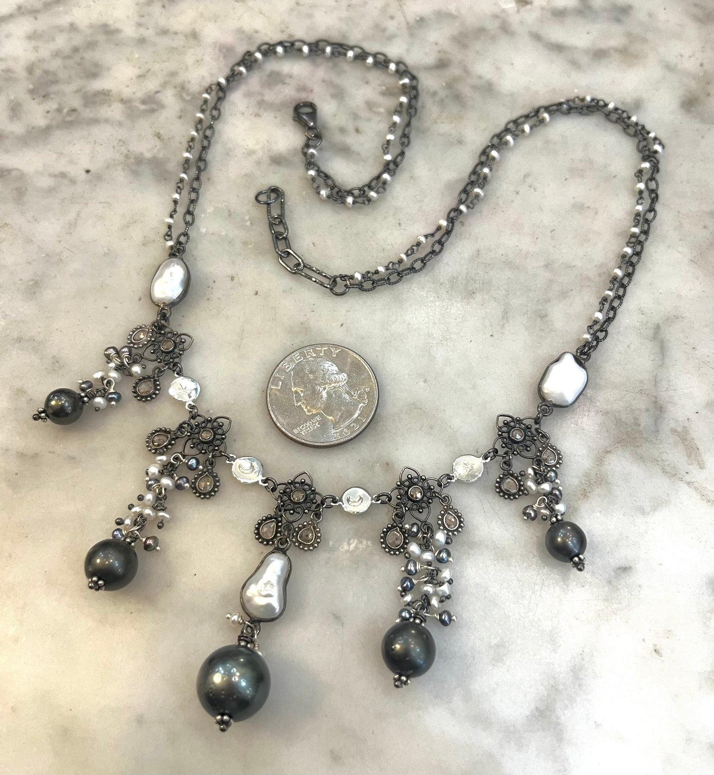 Tahitian Black Pearl and Diamond Necklace with tourmaline