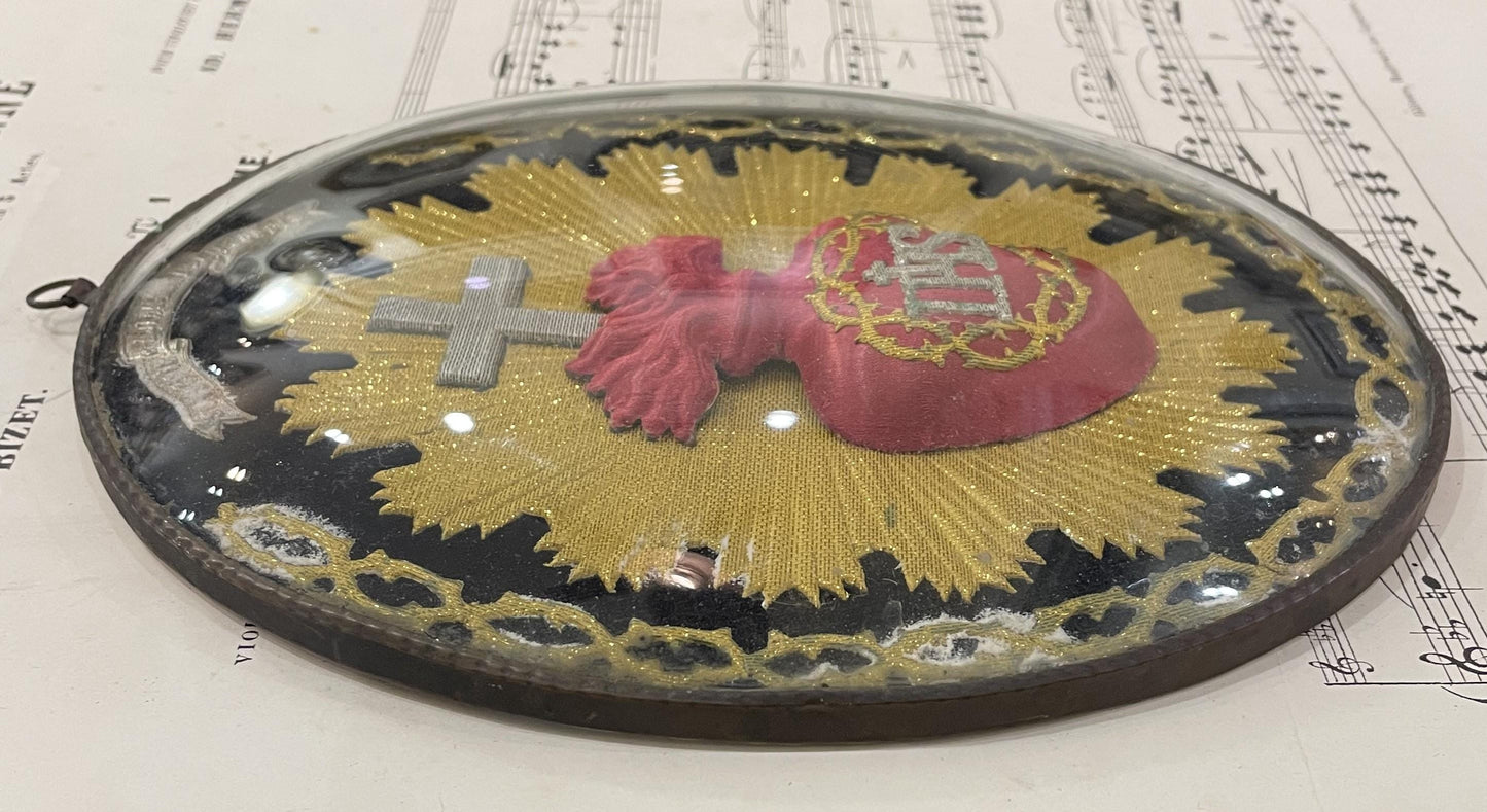 Large Antique French Reliquary / Ex Voto Sacred Heart under Domed Glass c1880