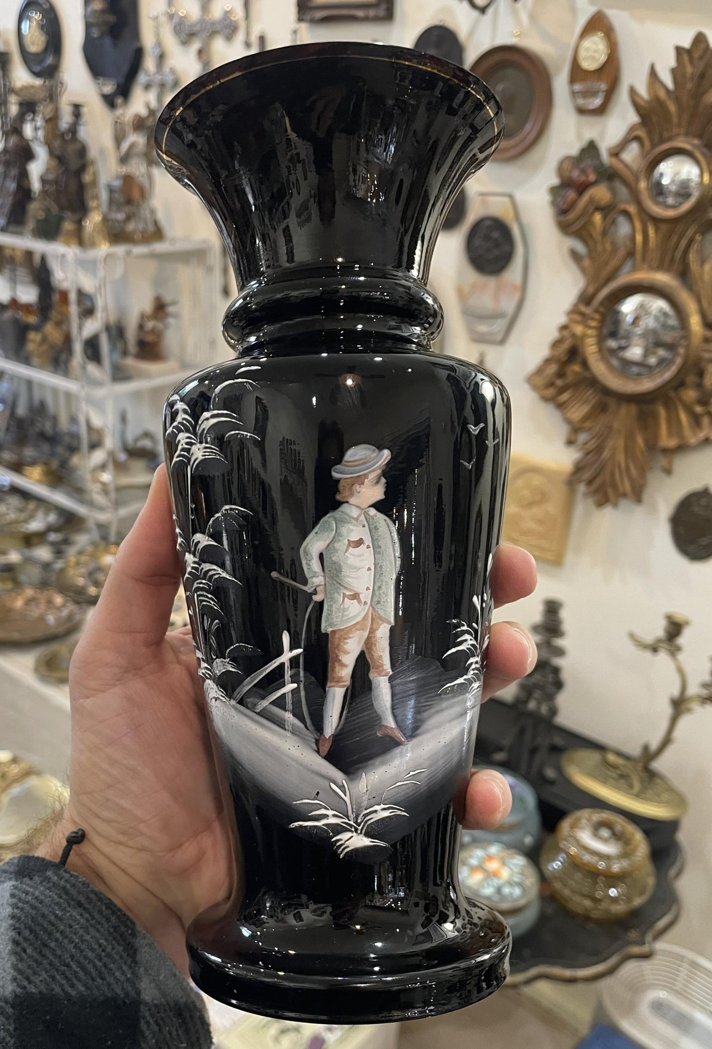 Rare Antique French Black Glass Hand Painted Enameled Vase Mary Gregory c1900