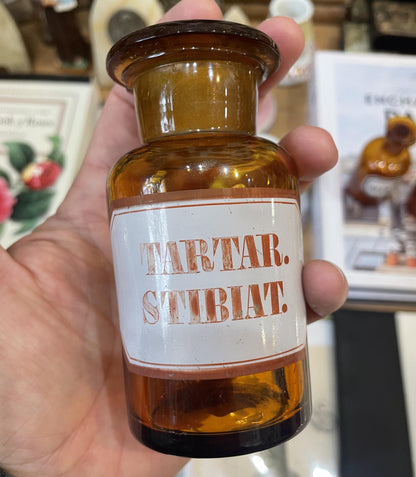 Small Antique French Apothecary Bottle Amber Glass Tartar. Stibiat. c1880