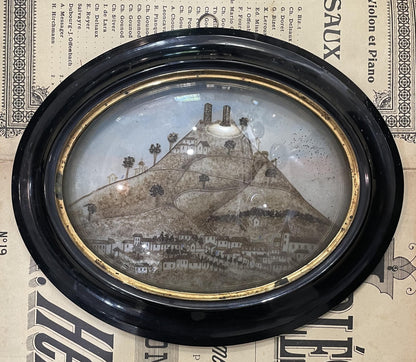 RARE Large Antique French Mourning Hair Art Domed Glass Wooden Frame Village Saint Cere c1860