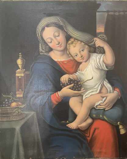 Rare Antique French Oil on Canvas Religious Painting The Virgin of the Grapes after Pierre MIGNARD c1830's