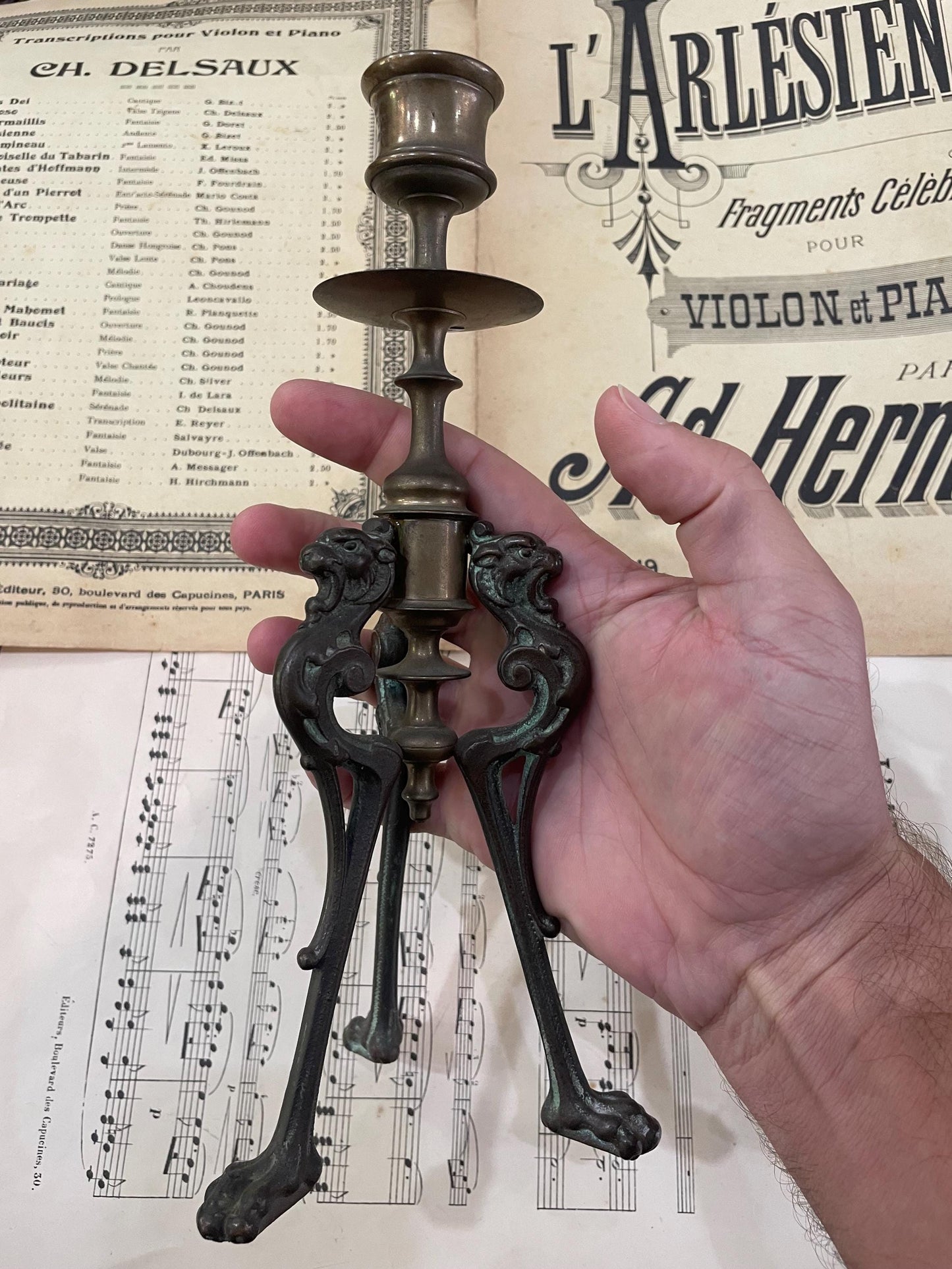 Antique French Art Nouveau Bronze Candlestick Holders Lions c1880