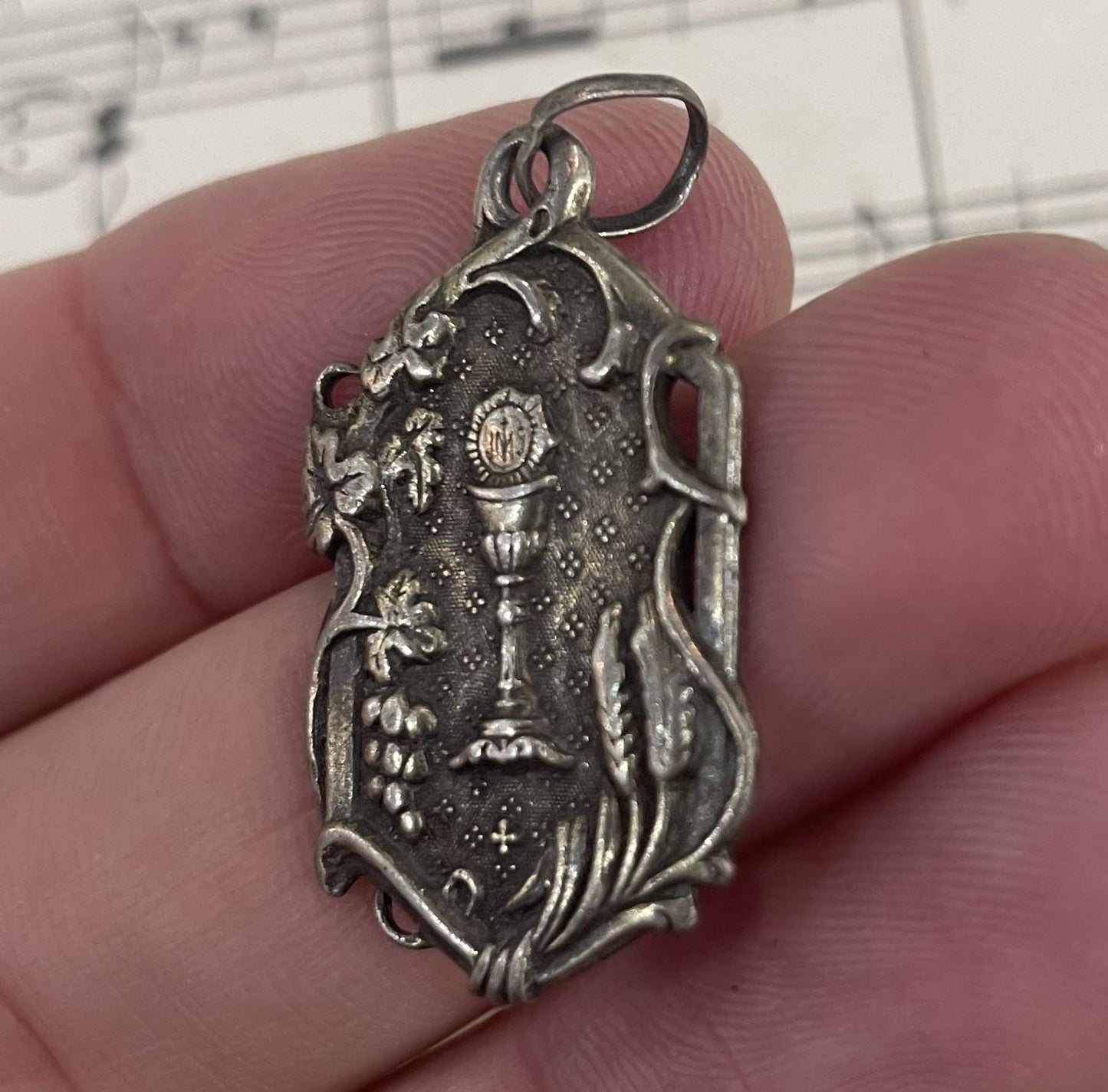 Antique French Art Nouveau Sterling Silver First Communion Medal Chalice c1911