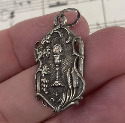 Antique French Art Nouveau Sterling Silver First Communion Medal Chalice c1911