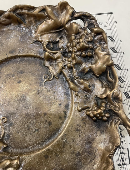 Large Antique French Art Nouveau Bronze Tray with Grapes Vines Signed Dommartin c1920