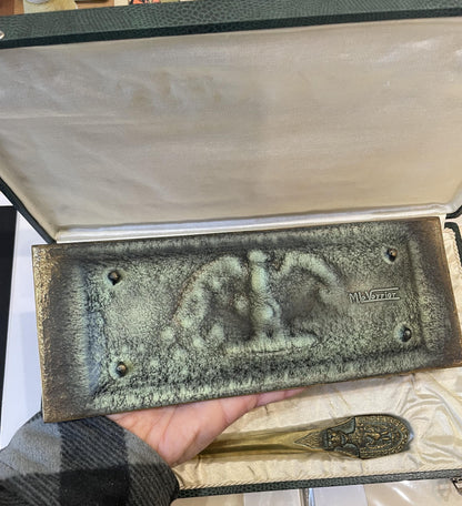Rare Antique French Max Le Verrier Bronze Set Tray Letter Opener Eagle Original Box c1940