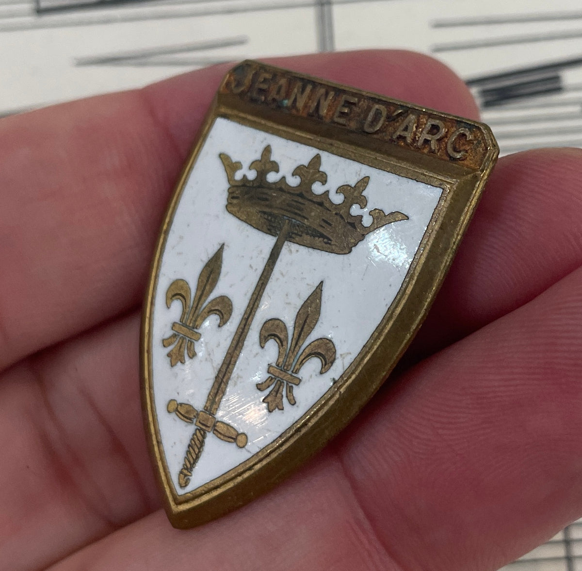 Large Antique French Enameled Joan of Arc Pin / Brooch c1920