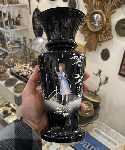 Rare Antique French Black Glass Hand Painted Enameled Vase Mary Gregory c1900