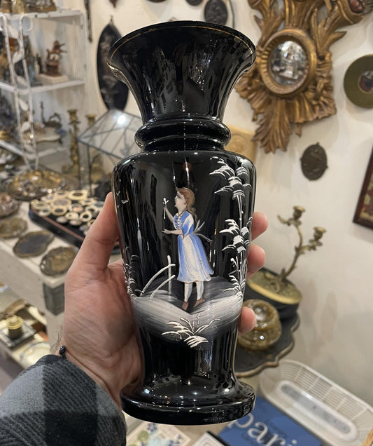 Rare Antique French Black Glass Hand Painted Enameled Vase Mary Gregory c1900