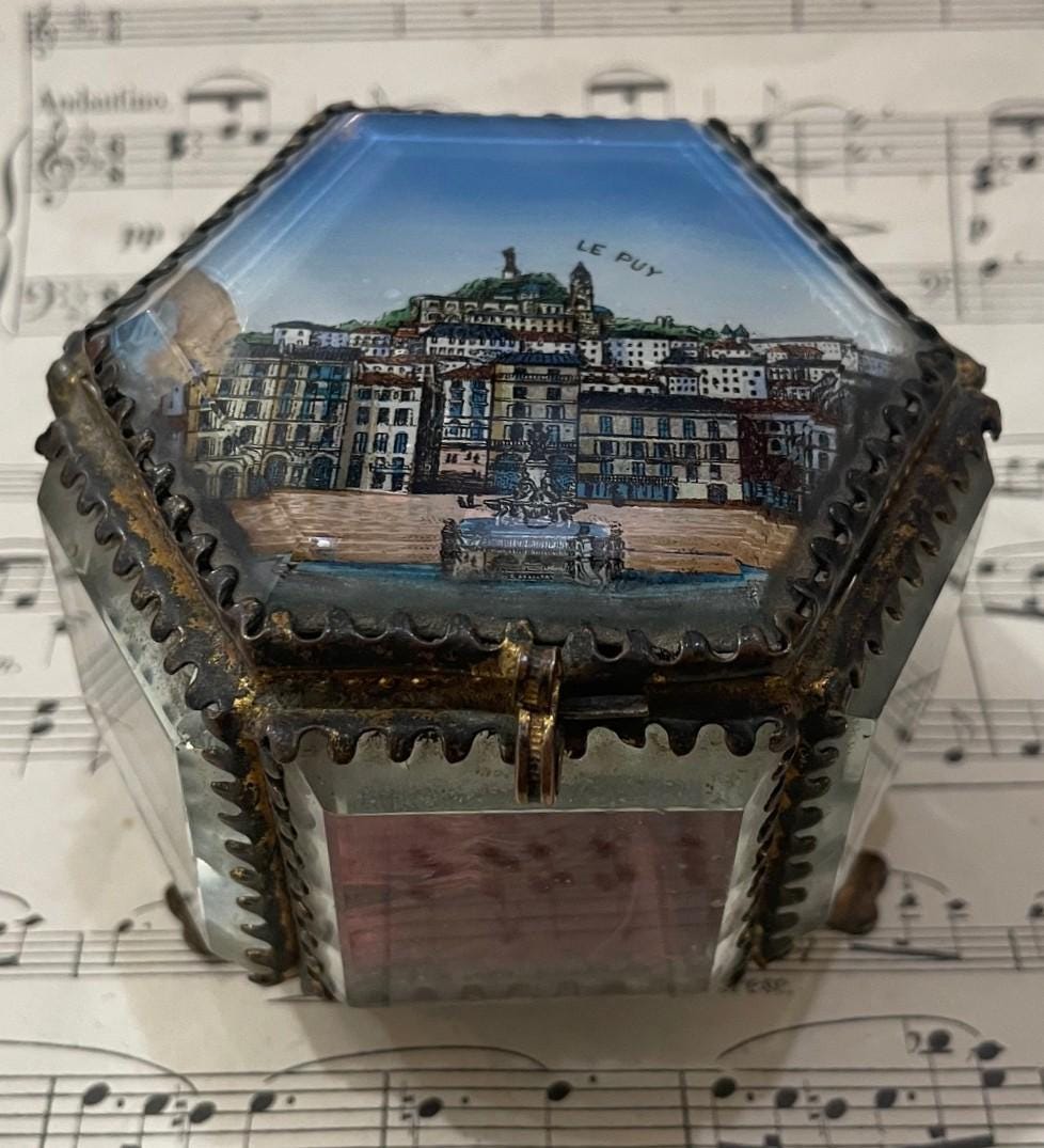 Antique French Eglomise Souvenir Jewelry Box Casket Le Puy c1900
