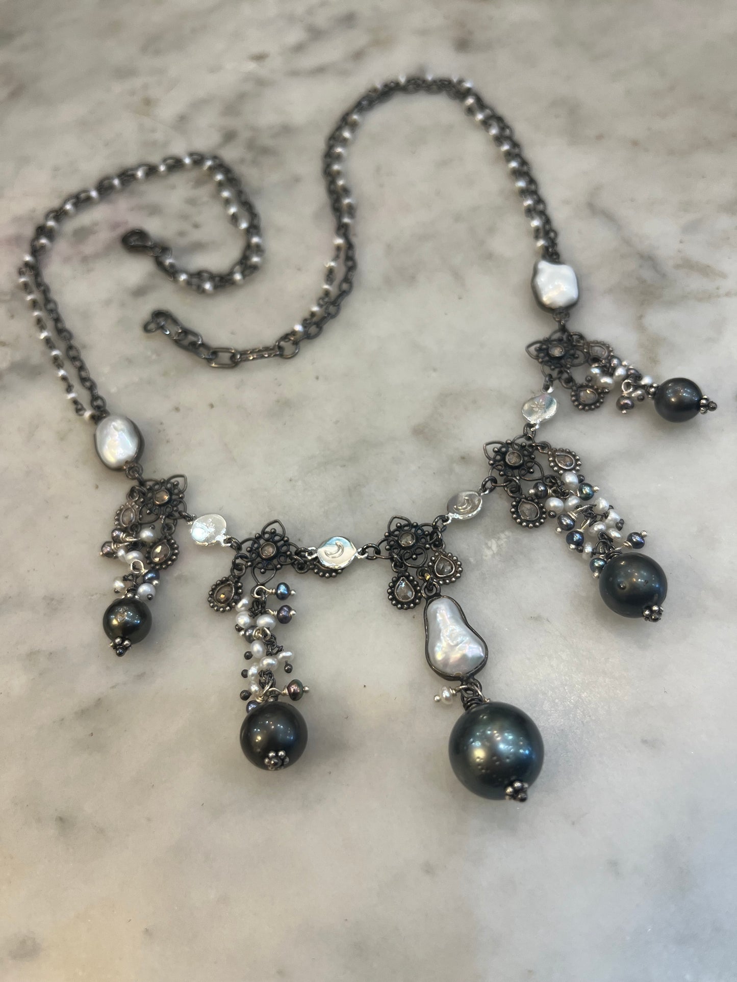 Tahitian Black Pearl and Diamond Necklace with tourmaline