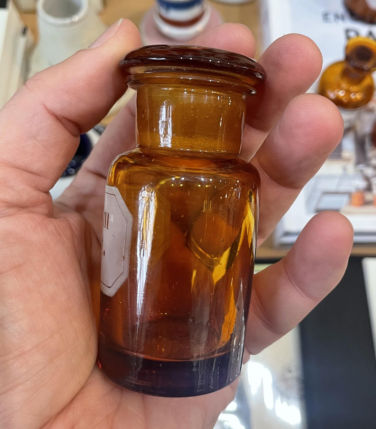 Small Antique French Apothecary Bottle Amber Glass Cuprum Oxydat. c1880