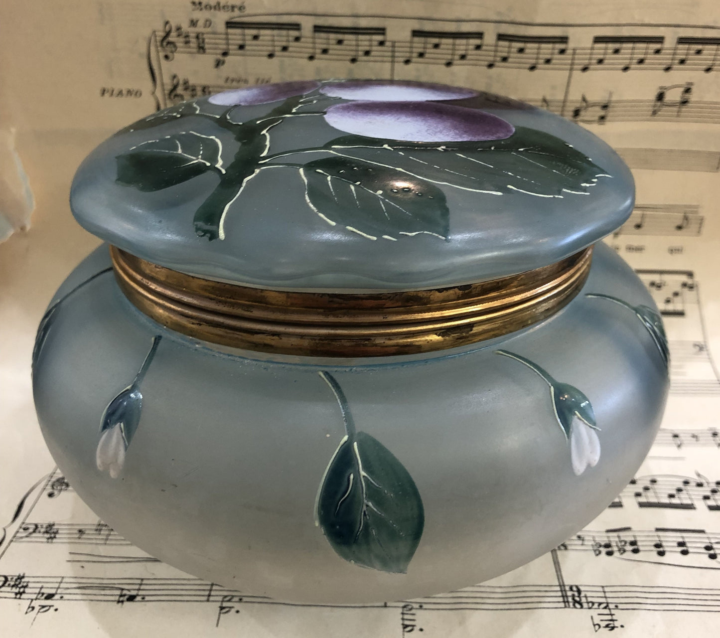 Rare Large Antique French Gilt Brass Glass Hand Painted Enameled Box Fruits Plums c1900