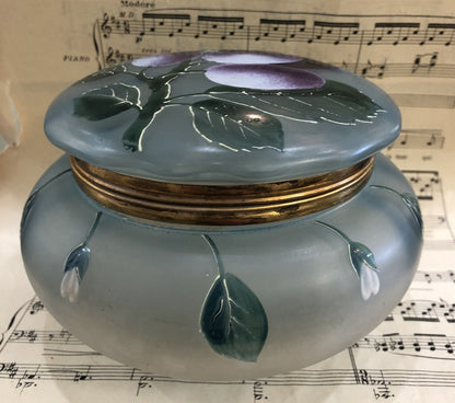 Rare Large Antique French Gilt Brass Glass Hand Painted Enameled Box Fruits Plums c1900