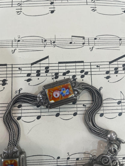 Rare Antique French Enameled Sterling Silver Pocket Watch Chain c1890