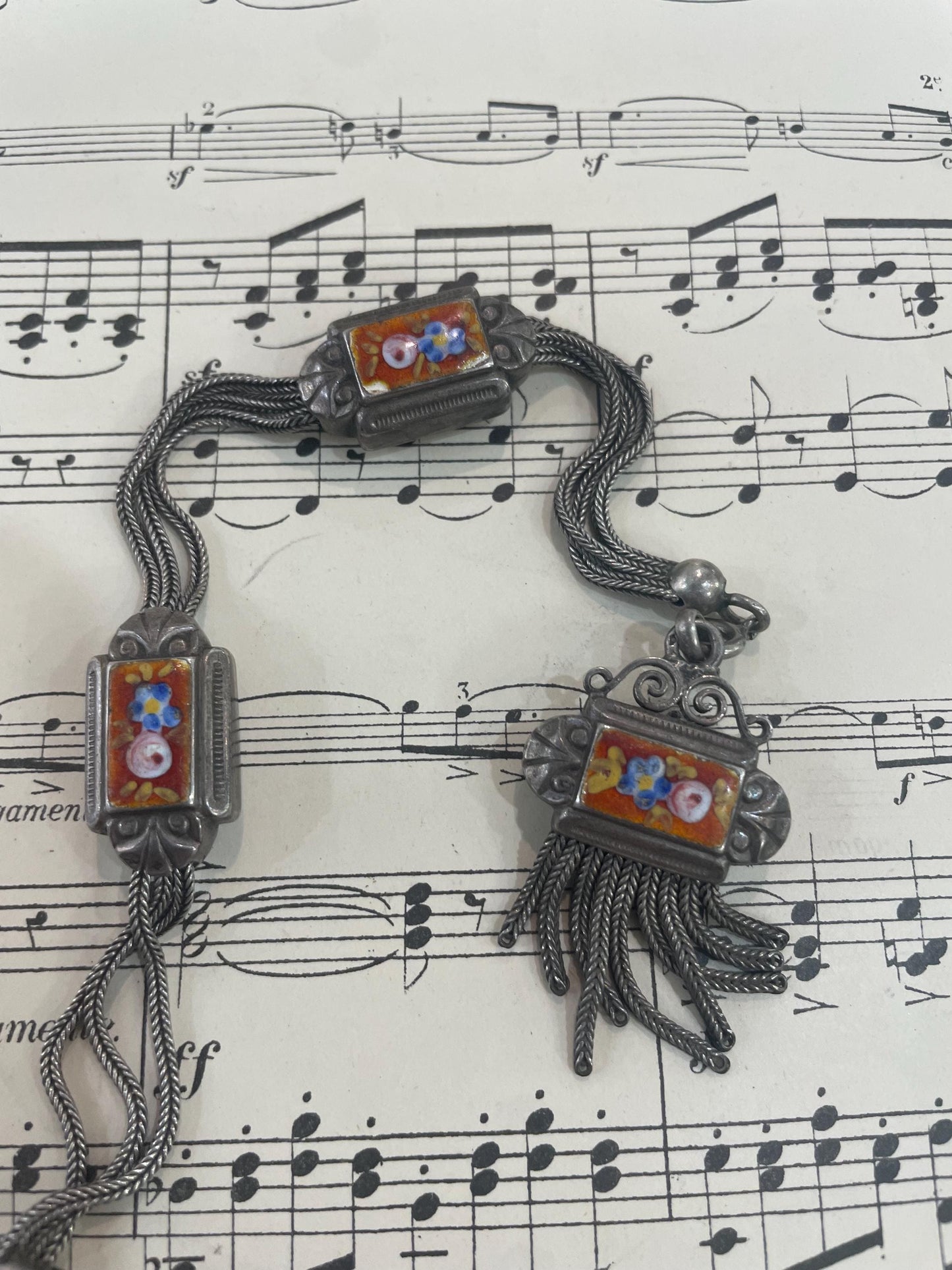 Rare Antique French Enameled Sterling Silver Pocket Watch Chain c1890